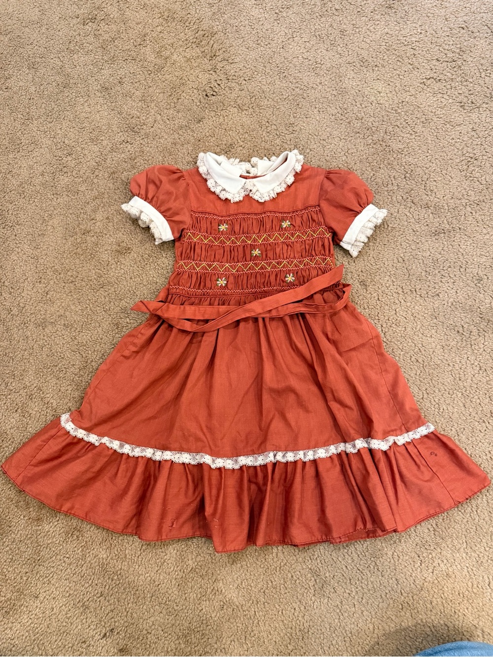 Vintage 1970s Smocked Girls Dress with Lace Collar - Rust Red